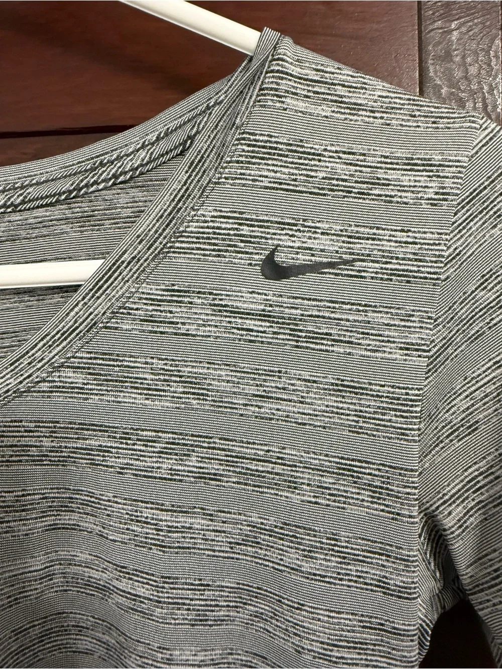 Nike Women’s Gray Striped V-Neck Short Sleeve Tee